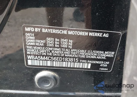 2014 BMW 535I Gran Turismo xDrive из США, поврежденный, VIN WBA5M4C56ED183815